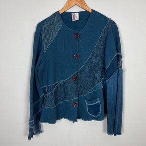 Neil & David Top Women Small Blue Art-to-Wear Thermal Lace Mesh Button Up Topper